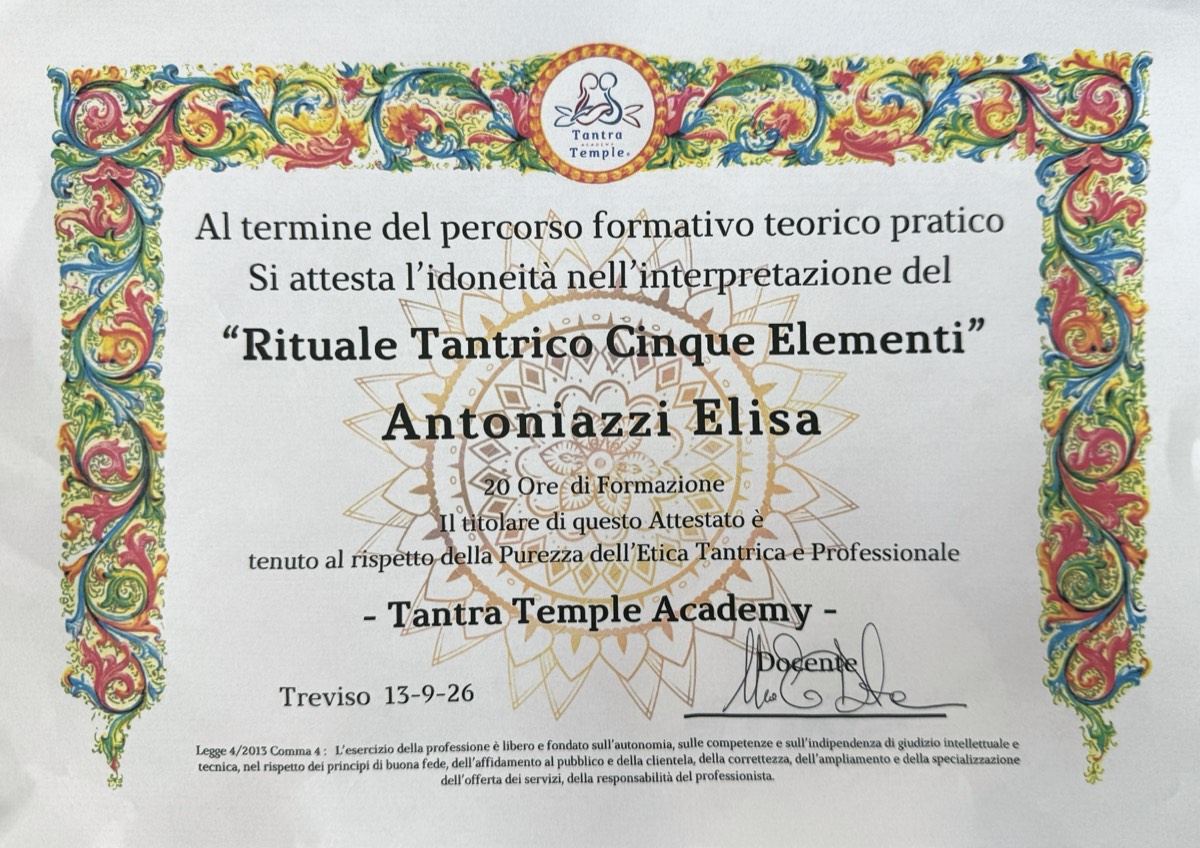 Attestato Rituale Tantrico Cinque Elementi - Tantra Temple Academy