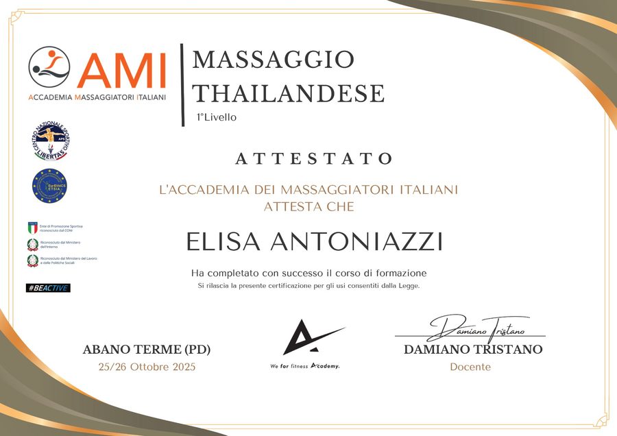 Attestato Massaggio Thailandese 1° Livello - AMI