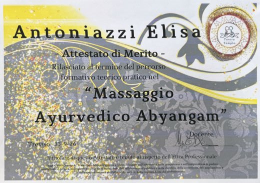 Attestato di Merito Massaggio Ayurvedico Abyangam - Tantra Temple