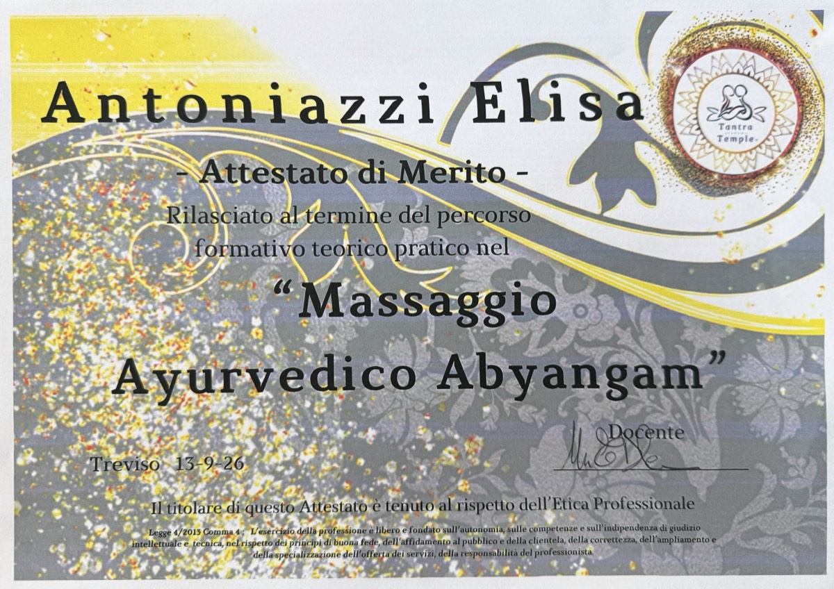 Attestato di Merito Massaggio Ayurvedico Abyangam - Tantra Temple